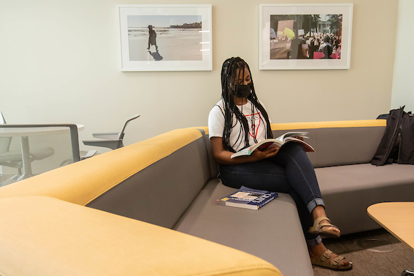 New medical student studies in the student lounge of the School of Medicine.